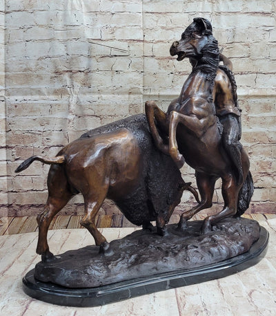 BUFFALO HUNT STATUE HANDMADE BRONZE SCULPTURE BY FREDERIC REMINGTON LARGE SIZE 20 INCH HIGH - SNYPEX